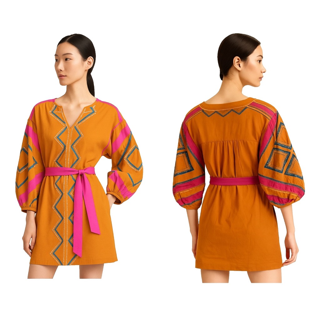 Anthropologie Sz S Stasiana Embroidered Patchwork Tunic Dress Pockets Mini‎ Boho